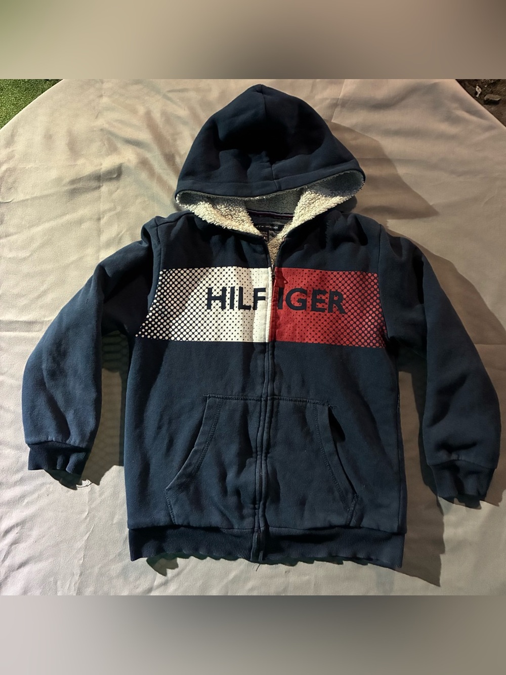Tommy Hilfiger Navy Hoodie with White and Red Chest Panel